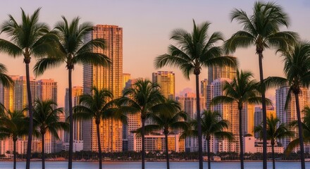 Tall buildings rise against an orange sky with numerous palm trees silhouetted in the foreground above calm water at dawn or dusk