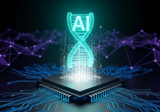 AI DNA helix concept on a computer chip, showcasing innovation, technology, and future