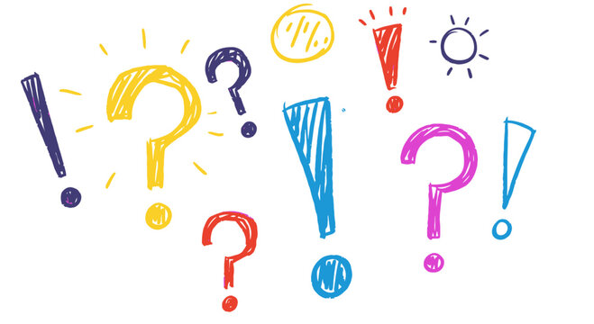 Colorful punctuation marks, question and exclamation points, hand drawn style illustration