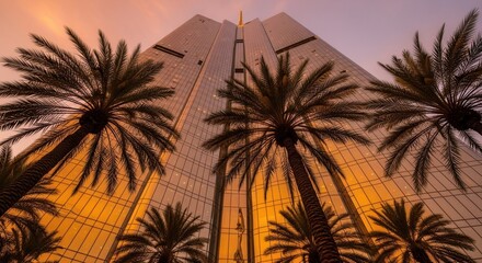 Tall reflective glass building seen from below framed by silhouetted palm trees under a twilight sky with orange and purple hues