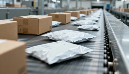 Packages and Parcels on a Conveyor Belt in a Distribution Center, Illustrating Logistics and Shipping Processes