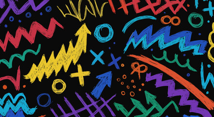 Colorful hand-drawn pattern on a black background perfect for backdrops