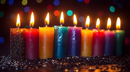 A close up view of a row of vibrant multi colored candles with flickering flames set against a soft blurred background of festive bokeh lights