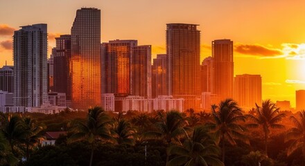 Urban skyline at sunset with numerous high-rise buildings illuminated by a golden sky and palm trees silhouetted in the foreground