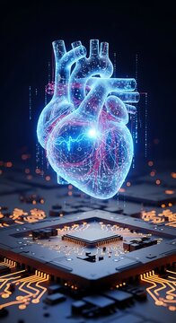 Futuristic glowing heart with digital data and circuit board, medical innovation concept