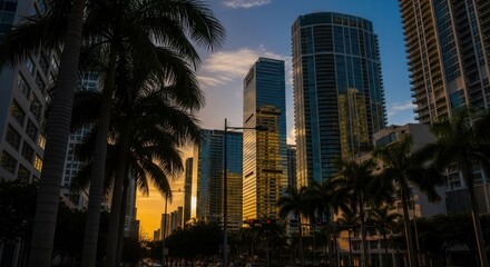 Urban skyline featuring towering structures some reflecting golden light framed by silhouetted palm trees at dusk Traffic on a street below