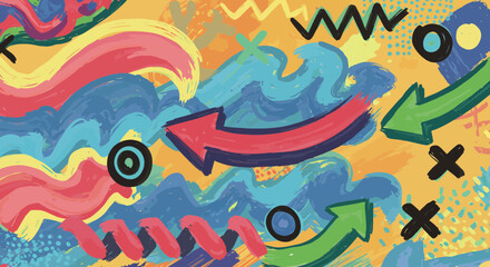 Vibrant abstract background with colorful brushstrokes, arrows, and playful shapes