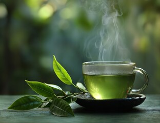 Close Up of Hot Green Tea in Cup with Fresh Leaves Representing Wellness, Natural Ingredients, and Relaxation