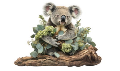 A cute koala sitting on a log with eucalyptus leaves isolated on transparent background