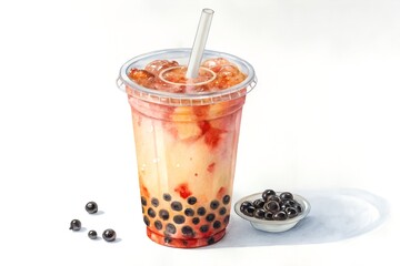 Watercolor bubble tea with strawberry and tapioca pearls isolated in the white background