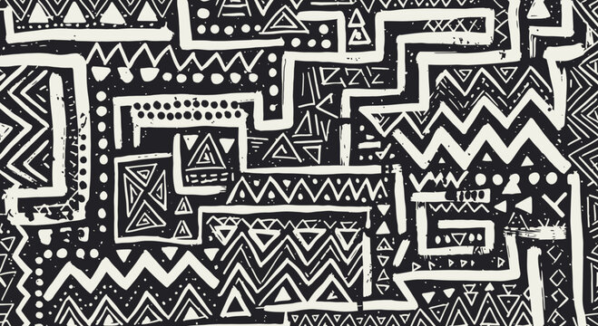 Monochrome ethnic pattern with hand-drawn geometric shapes and tribal design elements