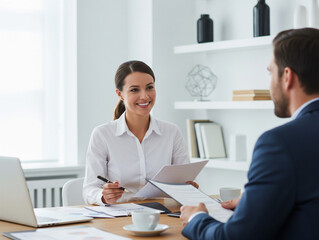 Obraz premium Man and woman engage productively at a modern work desk.