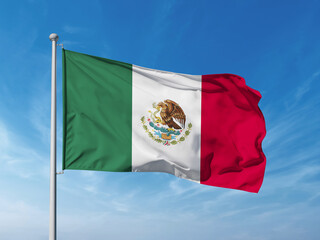 The flag of Mexico with green, white, and red vertical stripes and a central eagle holding a snake,...