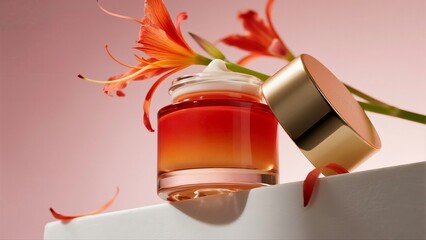 Luxurious Gradient Skincare Cream Jar with Golden Lid and Vibrant Orange Flowers, Ideal for Beauty Enthusiasts