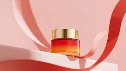 Elegant Gradient Skincare Jar with Golden Lid and Flowing Pink Ribbons, Perfect for Skincare Lovers