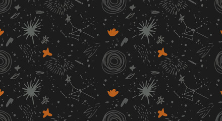 Seamless cosmic pattern with stars constellations and abstract shapes in dark theme