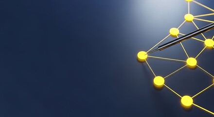 Precision stylus connects glowing nodes in abstract digital network, symbolizing data connection and innovation