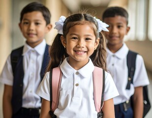 Happy Asian schoolkids smiling at school