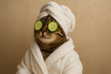 Cat in spa robe with towel turban and cucumber slices on eyes, funny animal relaxation wellness concept, luxury pet spa humor scene, feline self care lifestyle, domestic cat pampering treatment backgr