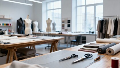 Bright Fashion Design Studio with Mannequins, Fabric Rolls, Sewing Equipment, and Apparel on Racks