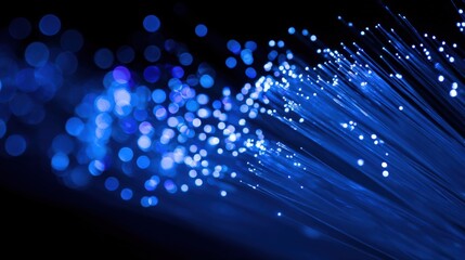 Obraz premium Fiber Optic Cables Glowing Blue Light, High Speed Data Transfer and Information Technology Concept
