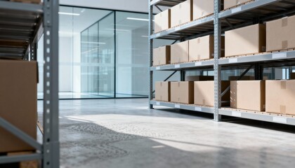 Warehouse Interior with Shelves Full of Cardboard Boxes Ready for Shipping and Distribution