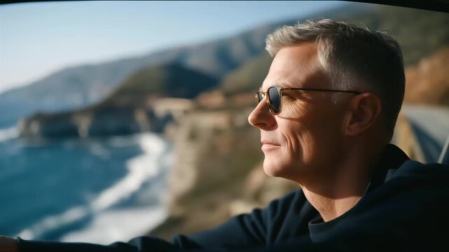 a coastal cliff road with ocean views cluttered with guardrails soft natural light reflecting off water a middle aged man with sunglasses natural poses as he admires detailed