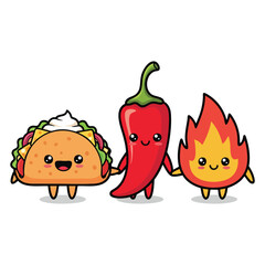 Cute Cartoon Taco, Chili Pepper, and Fire Holding Hands