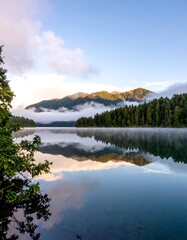 Serene lake at dawn, reflecting misty mountains