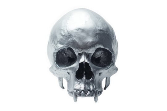Silver metallic skull with fangs isolated on transparent background