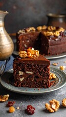 Fototapeta premium A delectable slice of rich chocolate cake, adorned with walnuts and dried cranberries, showcasing a moist interior and a smooth chocolate ganache.