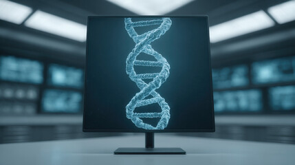 An immersive, digitally rendered image showcasing a 3D DNA double helix displayed prominently on a high-definition screen, embodying concepts of science and technology. The intricate structure.