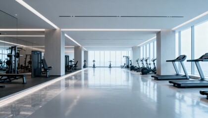 Modern Gym Interior with Treadmills, Weight Machines, and Ample Light for Fitness Enthusiasts