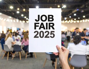 Job fair 2025 poster held by hand in convention center