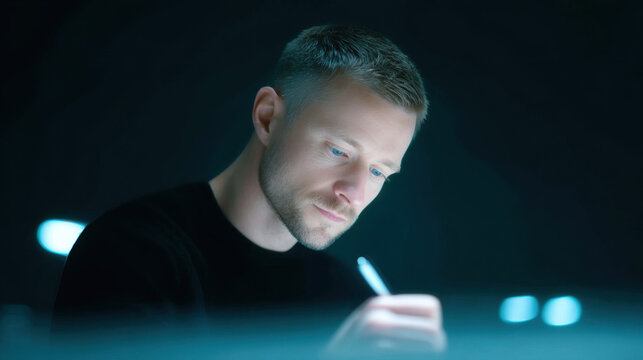A focused designer skillfully sketching on a luminous digital tablet, immersed in the creative process under a cool, atmospheric glow.