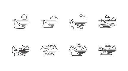 Collection of eight minimalist landscape line art icons in silhouette style