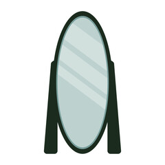 Simple oval mirror with a dark frame reflecting soft light, set against a plain background