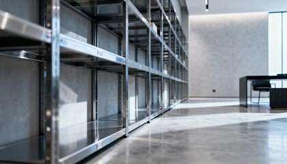 Modern Metallic Shelving System in Minimalist Interior for Storage and Display Solutions, Featuring Clean Lines and Industrial Design