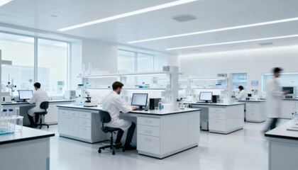 Bright Modern Laboratory Interior with Researchers, Equipment, and Ample Workspace for Scientific Research and Development