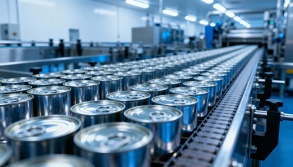 Obraz premium Canned Goods Production Line: Automated Conveyor System for Food Packaging in a Modern Factory Setting