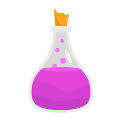 Colorful laboratory flask with bubbling pink liquid and orange cork, set against a simple background