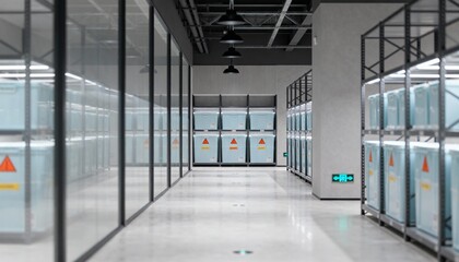 Obraz premium Modern industrial storage room featuring shelves with boxes, organized stock and efficient warehouse management system