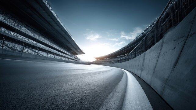 Fototapeta Empty Curved Speedway Under Bright Sky: A Modern Transportation and Competition Concept