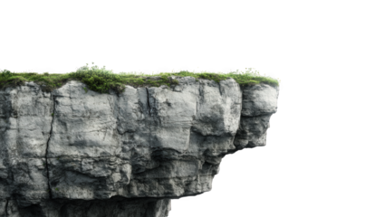 A detailed rock cliff with grass isolated on transparent background