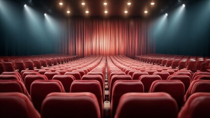 Fototapeta premium Empty seats in the theater with red curtains before the show is about to begin at the performance hall