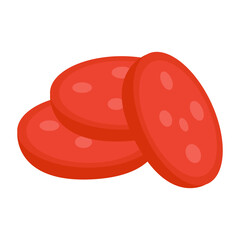 Three vibrant red pepperoni slices stacked on each other, showcasing their rich color and texture