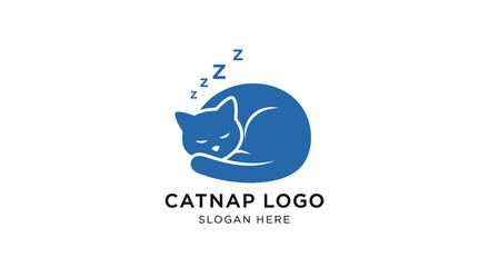 A simple, modern logo design of a blue cat curled up and sleeping peacefully.