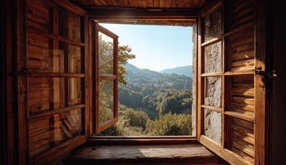 Rustic wooden window framing a breathtaking mountain landscape view.