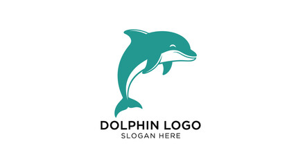 A friendly teal dolphin jumps in a simple logo design template with placeholder text on a white background.