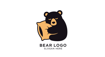 A cute, stylized black bear character with closed eyes is lovingly hugging a soft, golden pillow, conveying a sense of comfort and sleepiness.
